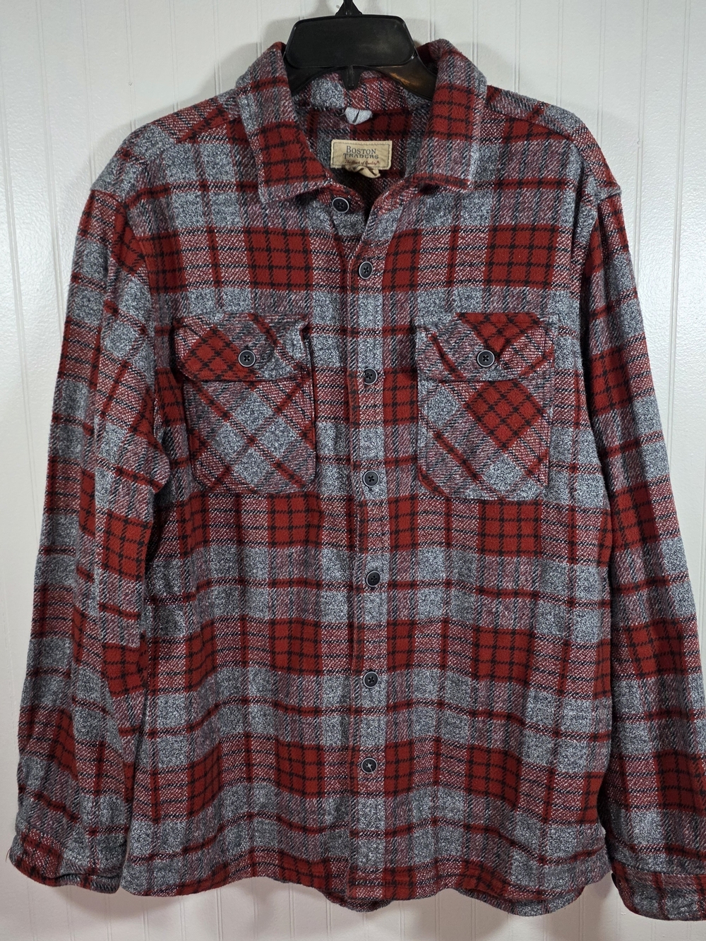 Boston Traders Mens L Red Gray Plaid Flannel Shirt 100% Cotton Long Sleeve